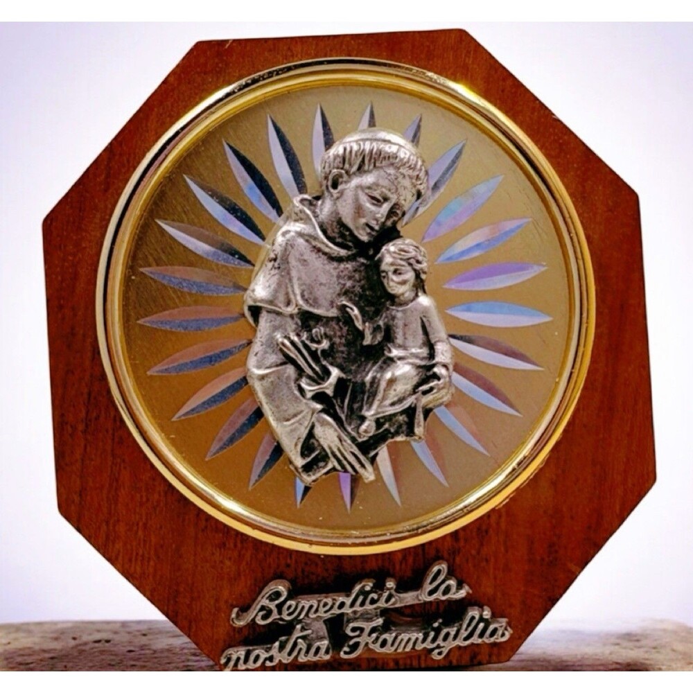 VTG St Anthony Of Padua Jesus Christ Child Wooden Base Embossed Metal Italy